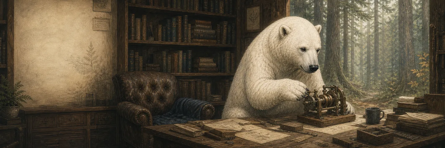 An etched illustration of a workshop. A polar bear sits at a wooden desk among books and papers, working a small brass machine. On the wall behind him are pinned two old botanical prints of ferns, a technical drawing of a reactor, and Kepler's model of the planets nested in geometric solids. Through the window behind him is a forest; a black crow in a rust-orange scarf flies in with a rolled paper in its beak.