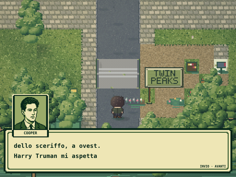Cooper, beside the Twin Peaks town sign, in a dialogue box: “dello sceriffo, a ovest. Harry Truman mi aspetta”.