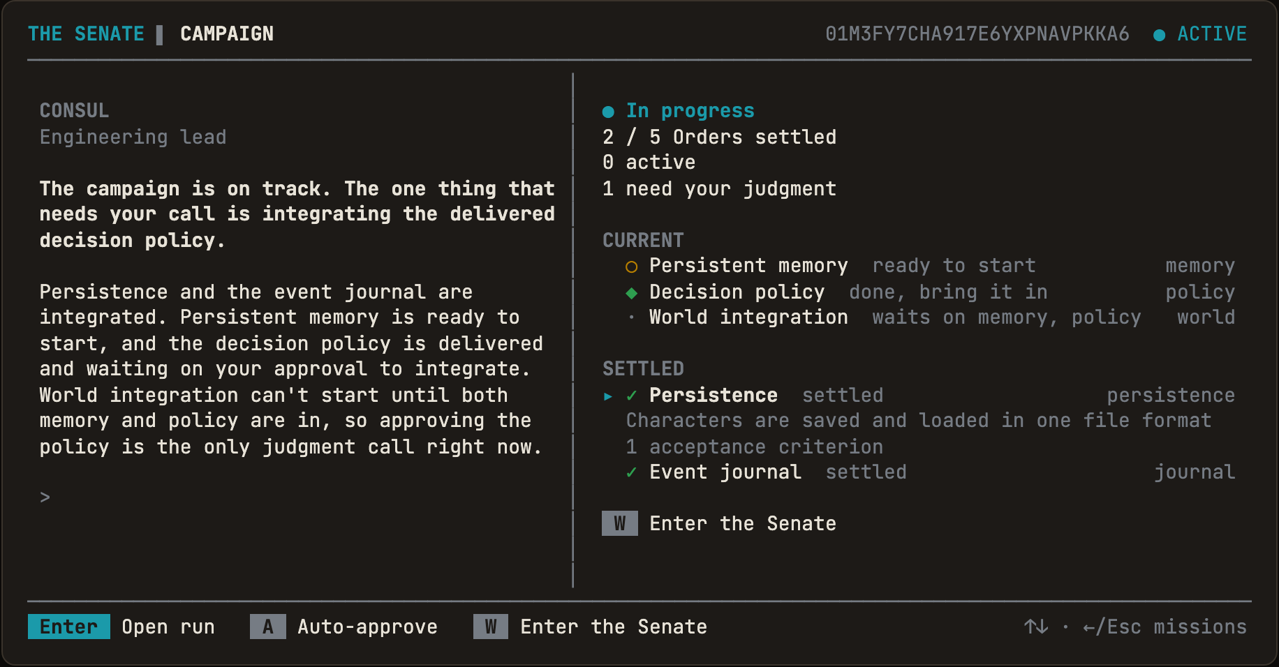The Senate in the terminal: on the left the Consul says the campaign is on track and one delivered Order needs your call; on the right the campaign shows 2 of 5 Orders settled, the current Orders and the settled ones.